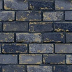 3D Effect Navy Blue Gold Metallic Brick Wallpaper Stone Industrial Arthouse