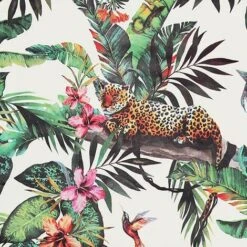 Animal Jungle White Wallpaper Arthouse Green Tropical Floral Leopards Birds
