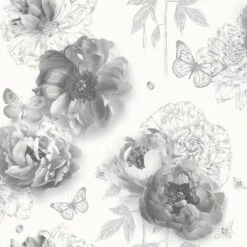Flower Garden Mono Wallpaper Arthouse Textured Vinyl Glitter Floral Butterfly