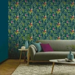 Arthouse Deco Tropical Metallic Silver Navy Green Birds Geo Wallpaper 908003