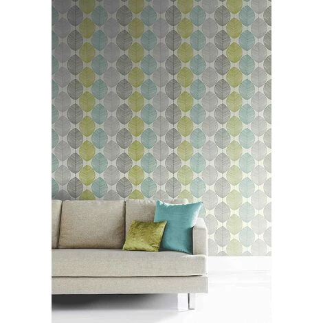 Teal / Lime Green - 408207 - Retro Leaf - Motif - Arthouse Wallpaper By Opera 2 Teal / Lime Green - 408207 - Retro Leaf - Motif - Arthouse Wallpaper By Opera - Image 2
