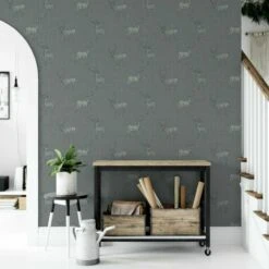 Arthouse Heritage Highland Stag Deer Motif Grey Metallic Silver Wallpaper