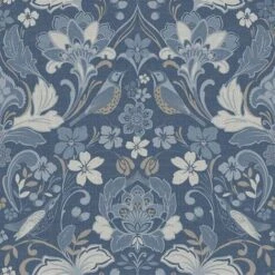 Folk Floral Denim Blue Wallpaper Flower Botanical Animal Print Bird Arthouse